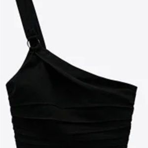 NWT Zara One Shoulder Black Linen Blend Asymmetric Crop Top